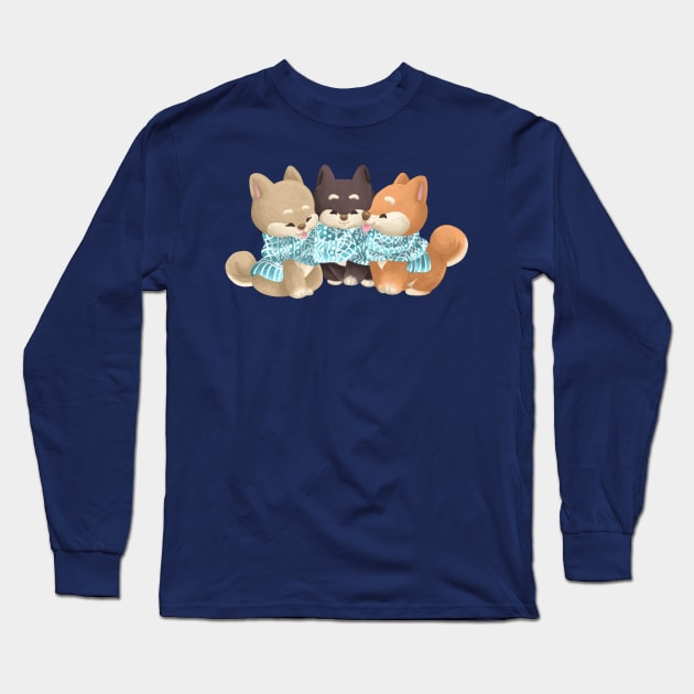 Trio Shiba Dog Sharing a Scarf Long Sleeve T-Shirt by Khotekmei